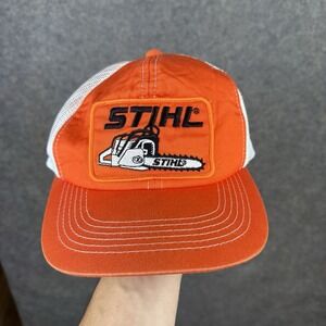 Stihl Chainsaw Snapback Trucker Cap Orange Foam Patch Logo VTG Y2K